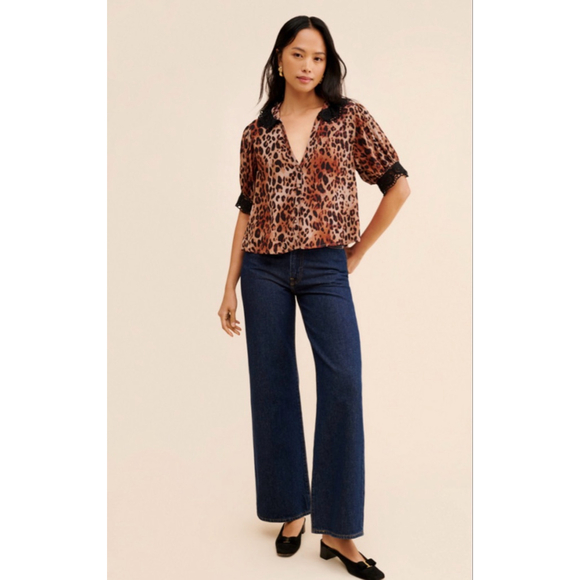 Free People My Love Printed Blouse Sz Small NWOT Brown Black Animal Print Retro - Picture 4 of 11